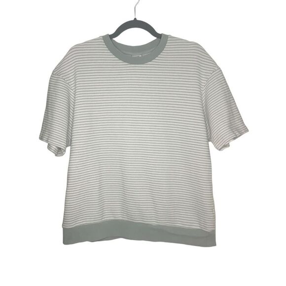 ZARA Women’s Large Textured T-Shirt Green White Striped Heavyweight Hipster - Picture 1 of 5
